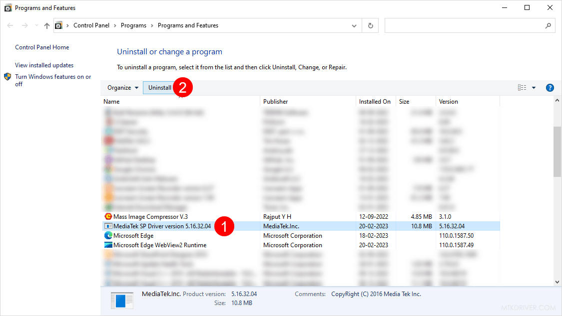 Appwiz Select MTK Driver Uninstall